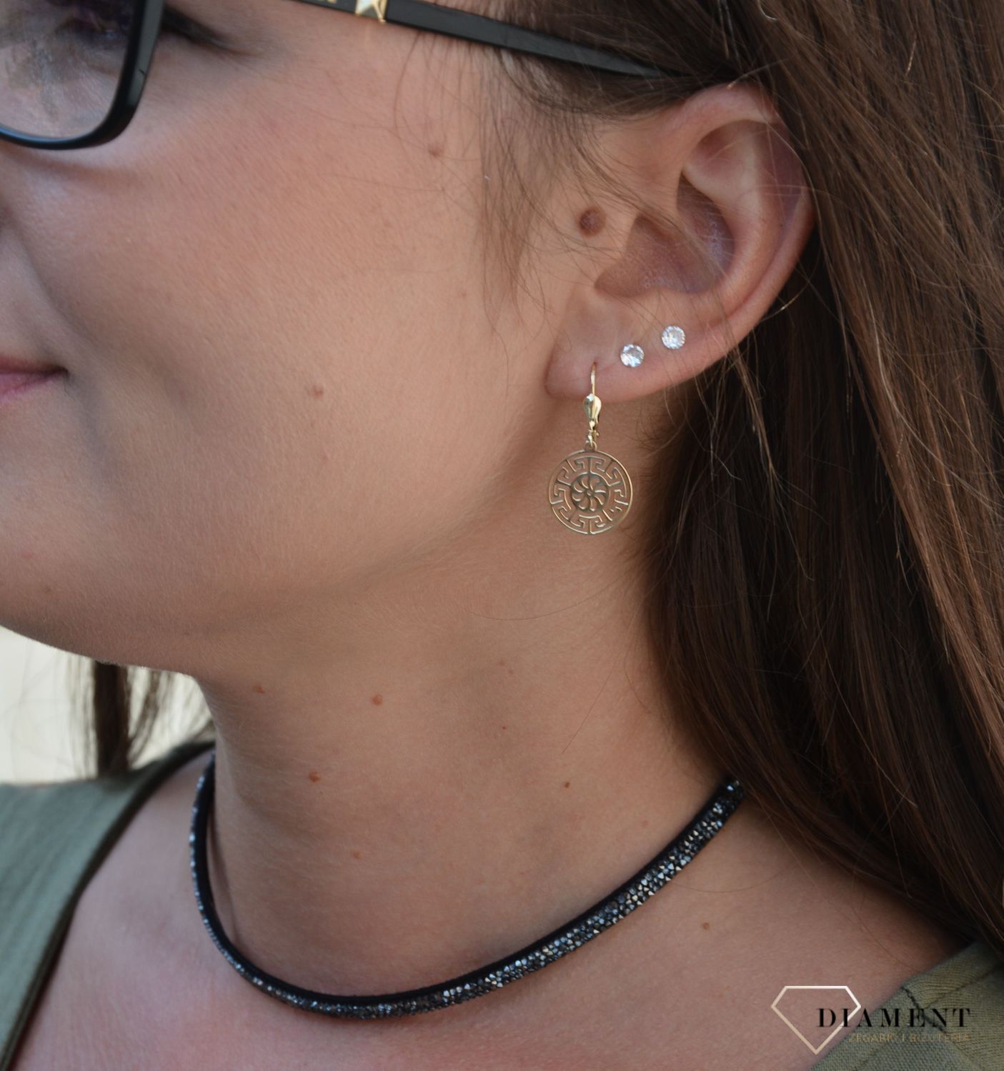 Złote kolczyki wiszące blaszki droga grecka KL 9299v.jpg